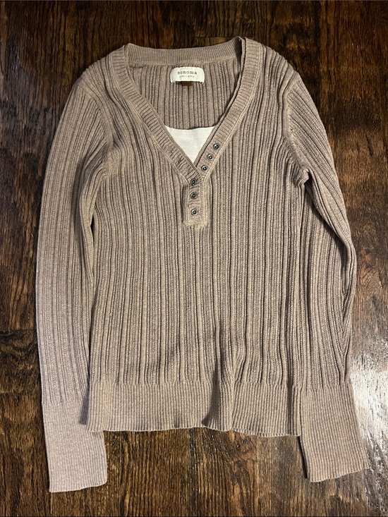 Sonoma Tops - Beige Ribbed Button Up Henley Fall Top 2000s Size Medium